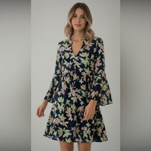 Umgee Navy Floral Boho Bell Sleeve Dress Large